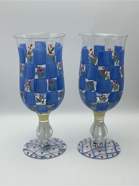 Pair of IGI Stemmed Water Glasses By 
Da Zhou Wang, Hand Painted, Made In China